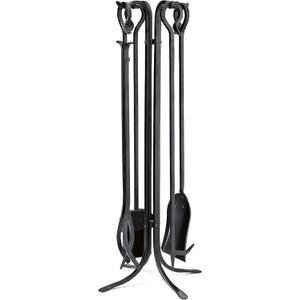 Plow & Hearth 5 Piece Hand Forged Iron Compact Fireplace Tool Set 27.5" | Black Wrought Iron Handle for Outdoor Indoor | Stand Poker Shovel Brush Log Tongs Wood Stove Accessory