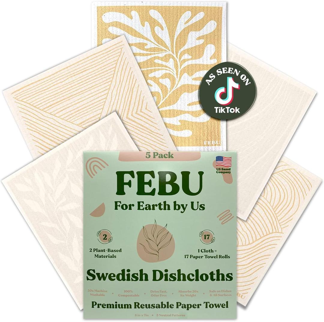 FEBU Swedish Dishcloths for Kitchen | 5 Pack Neutral Reusable Paper Towels Washable | Swedish Dish Towels | Non-Scratch Cellulose Sponge Cloths | No Odor, Biodegradable Cleaning Cloths
