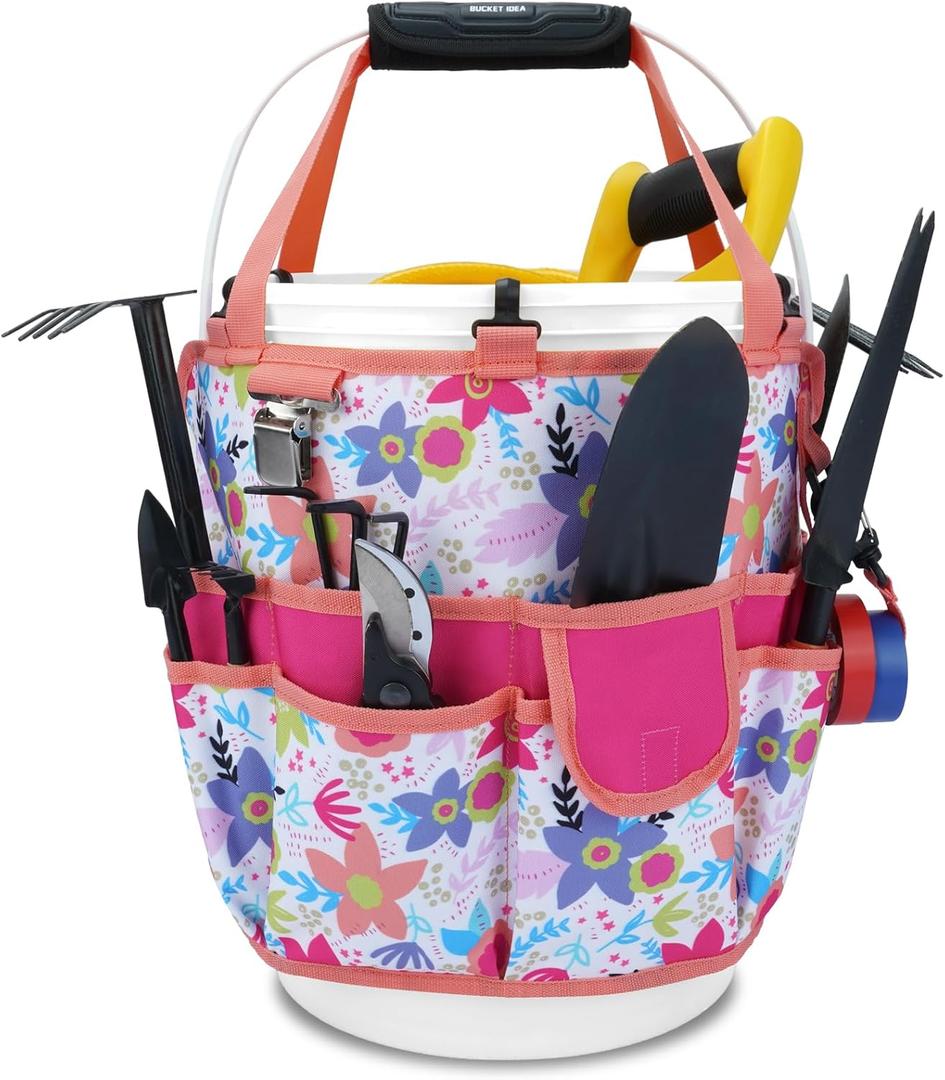 KUNN 5 Gallon Organizer 18-Pocket Tool Bag with Hangable Handle, Heavy-Duty Garden Tool Organizer Bag for Gardening Tools, Fits 3.5-5 Gal Buckets, Includes Comfort Grip Pad, Red