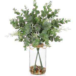 Briful 14.2" Artificial Eucalyptus Stem in Glass Vase with Faux Water  Small Fake Plant with Decorative Stones  Eucalyptus Leaves Artificial White Seeds Decor for Indoor Tabletop Shelf Office