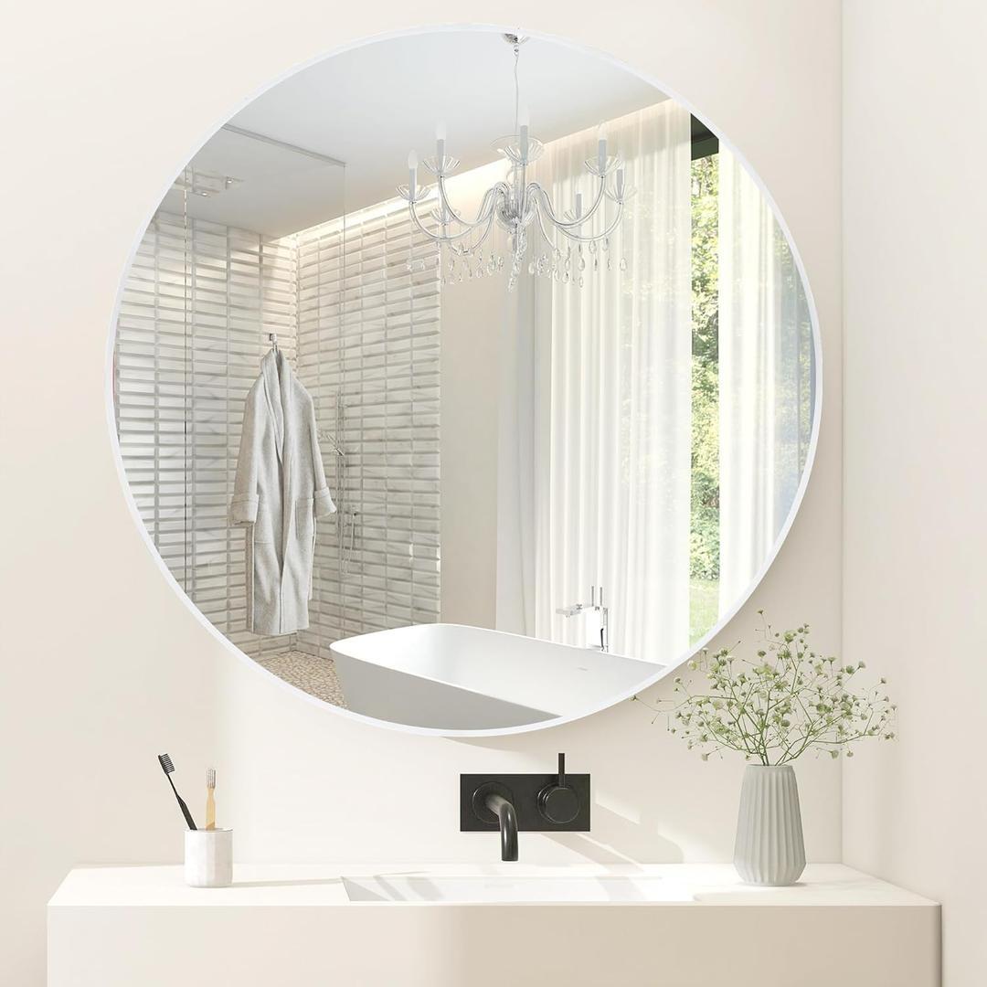 White Round Bathroom Mirror 30 Inch, White Wood Framed Circle Mirrors with Tempered Glass for Bedroom Living Room or Entryway Modern Wall Decor