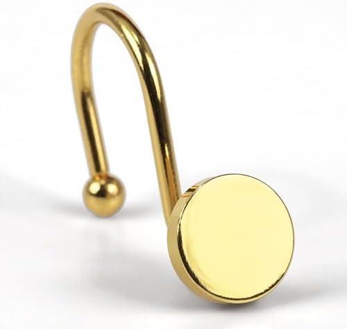 Brass Gold Shower Curtain Hooks: Round Button Design Heavy Metal Shower Curtain Rings for Bathroom - Modern Simple Decorative Shower Curtain Hangers for Shower Rod - Set of 12
