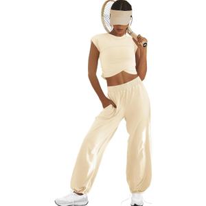 LAMISSCHE 2 Piece Lounge Set Womens 2 Piece Outfits Crewneck Workout Sets Crop Top and Pants Set with Pockets (Beige,XL)