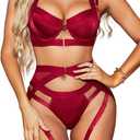Kaei&Shi Strappy Harness, All Adjustable, Underwire Racerback, 4pc Garter Set (8-10, Burgundy)