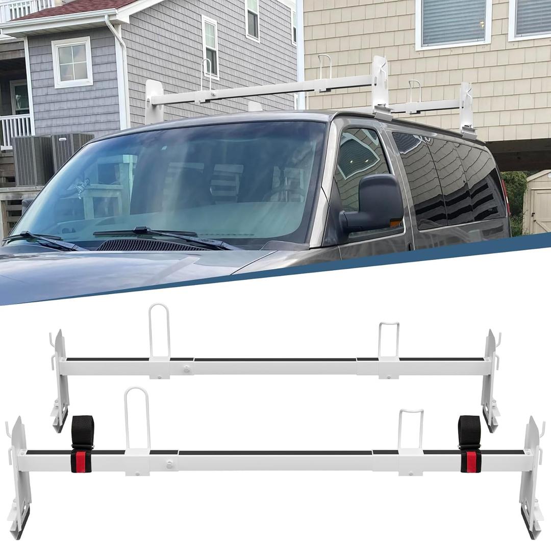 Van Roof Ladder Rack 2 Bar Set, Adjustable Length 41.5''- 70'', Universal Van Roof Rack Fit for Chevy Express 1500 2500 3500 Ford Econoline GMC Savana Cargo Vans with Rain Gutter
