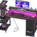 51 Inch Gaming Desk with Power Outlet and LED Lights, Computer Desk with 4 Drawers & Storage Shelves, Reversible Home Office Desk with Monitor Stand for Small Space Bedroom, Carbon Fiber Black