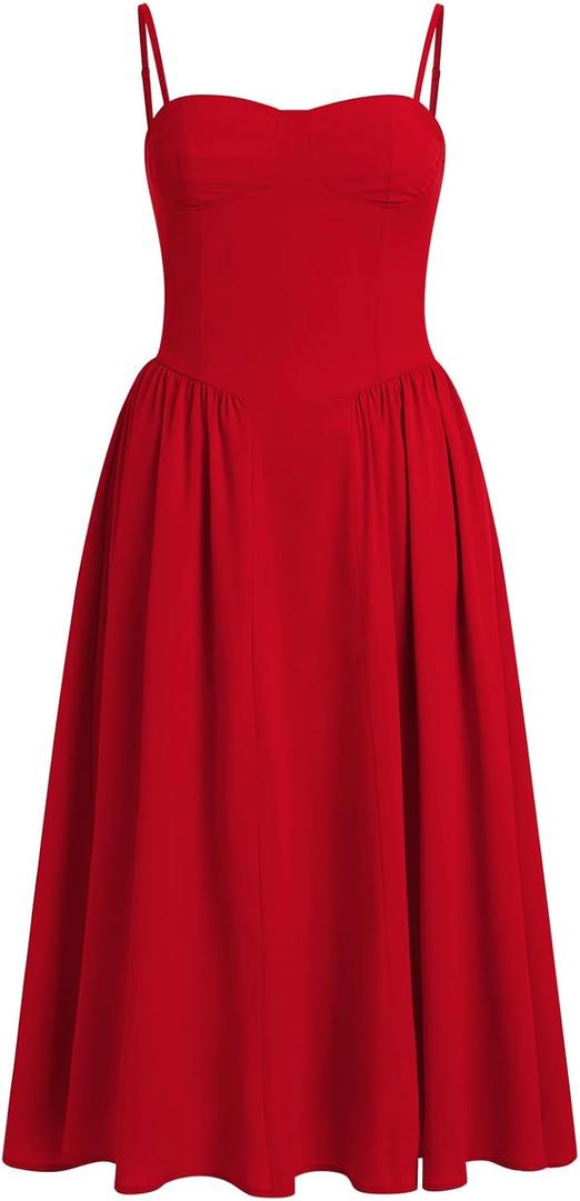 Women Floral Corset Dress Boho Spaghetti Strap Lace Up Casual Midi Dresses with Pockets Low Cut Flowy Bustier Sundress (Small, Red)