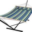SUNCREAT Hammock with Stand 2 Person Heavy Duty, Freestanding Hammock with Spreader Bar, Soft Pillow, Green Stripes