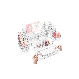 VDTEB Acrylic Expandable Desk Drawer Organizer with 11 Adjustable Compartments and  Removable Dividers Desk Accessories for Office Kitchen Bathroom Makeup and Utensil Junk Storage (Clear, 3Pcs)