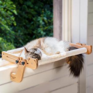 Cat Window Perch with Washable Bolster, Fluffy Cats Hammock Bed for Window, Adjust Wooden Seat for Kitten Bedside Windowsill, Wooden Cats Furniture(Medium White) (Off-White)