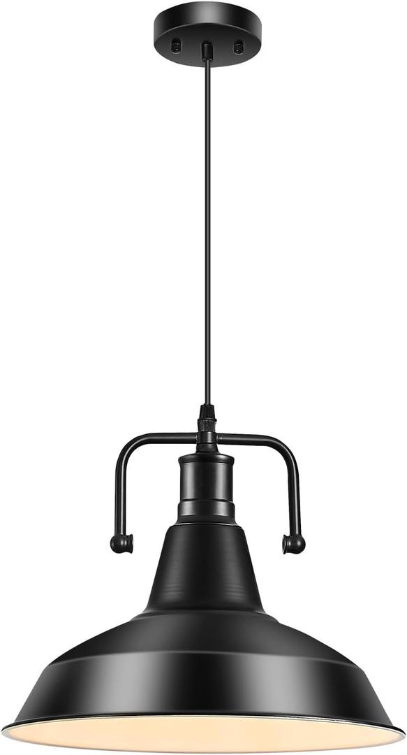 Industrial Farmhouse Pendant Light, 12" Metal Hanging Ceiling Lamp with 5FT Cord for Hallway, Kitchen Island, Sink, Dining Room, Living Room, Bar Counter, Foyer, E26 Socket, Black (Bulb Not Included)