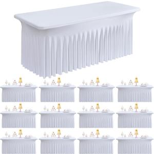 Outpain White Spandex Table Clothes for 6 Foot Rectangle Tables-12Pack 6FT Spandex Fitted Table Cover, Wrinkle Free Tablecloths with Skirt for Parties, Wedding, Birthday, Banquet, Festival