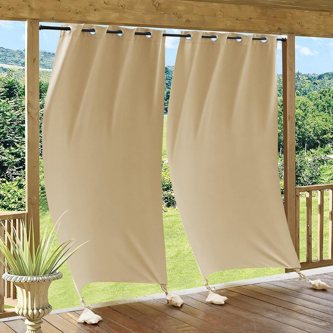 RYB HOME Outdoor Curtains Windproof - Weighted Bags Attached Blackout Drapes 84 inches Long, Waterproof Thermal Indoor Outdoor Curtains for Pool Shower Bedroom Patio, 2 Pcs, W 52 x L 84, Beige