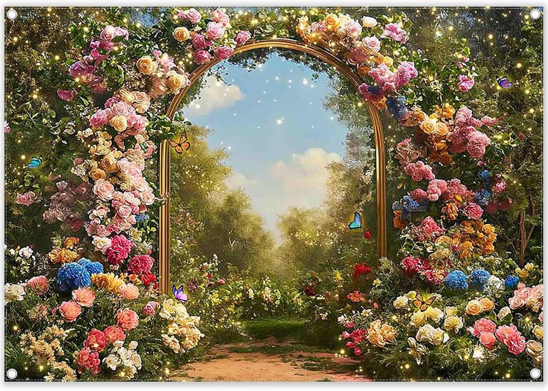 ZTHMOE 7x5ft Fabric Spring Enchanted Garden Backdrop Fairytale Forest Floral Butterfly Wonderland Oil Paint Photography Background Girl Kids Birthday Decor Photo Banner