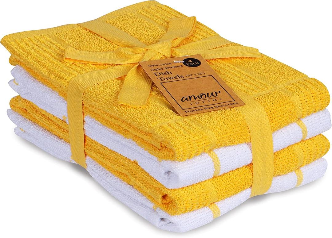 AMOUR INFINI Kitchen Towels Pack of 4, Terry Cotton Dish Towels, Ultra Absorbent, Quick Drying Hand & Tea Towels, Soft Durable Cleaning Cloths with Hanging Loop, 16 x 26 Inch (Yellow)