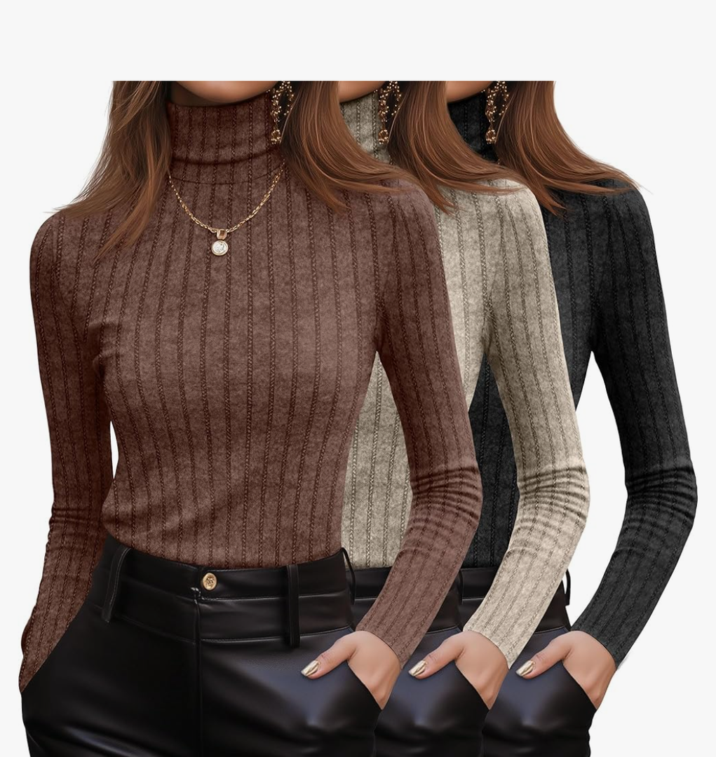 3 Pack Women's Turtleneck Sweaters Ribbed Long Sleeve Turtle Neck Top Slim Fitted Knit Lightweight Pullover Sweater M