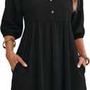 FENSACE Womens Casual Shirt Dress Puff Sleeve Button Down Shift Collared Neck Dresses with Pockets (Black, XL)