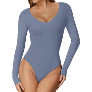 REORIA Womens Sexy Long Sleeve Bodysuit V Neck Lightweight Double Lined Basic Tops Trendy Layering Leotards Fall Going Out Body Suit Shirts 2024 Blue