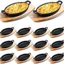 Mifoci 12 Sets Cast Iron Skillet with Wooden Base Mini Cast Iron Fajita Bowls Oval Dish Tray Serving Sizzling Plate for Baking Roasting Cooking Kitchen Restaurant,8.7 x 4.7 x 1.6 Inch