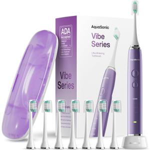 Aquasonic Vibe Series Ultra-Whitening Toothbrush  ADA Accepted Electric Toothbrush - 8 Brush Heads & Travel Case  40,000 VPM Motor & Wireless Charging - 4 Modes w Smart Timer  Satin Violet