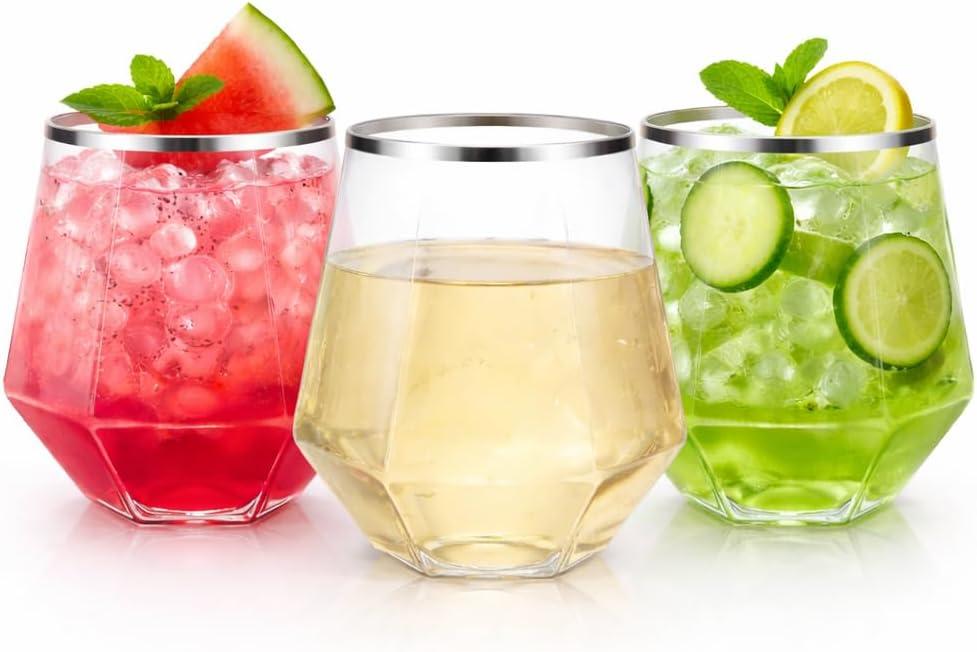 Oojami 40 Pack 12 oz Diamond Stemless Plastic Wine Glasses, Silver Rim Disposable Cups, Shatterproof BPA-Free Recyclable Drinkware for Wedding, Birthday Party, Cocktail
