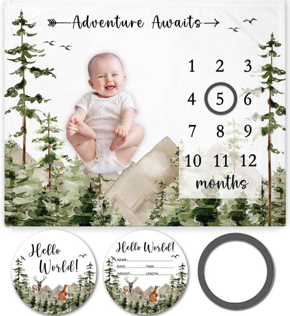Yuzioey Adventure Awaits Baby Milestone Blanket with Birth Stat Sign, Mountain Baby Growth Chart Monthly Blanket, Watch Me Grow Adventure Nursery for New Moms Shower(50"x40")