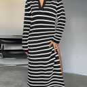Saodimallsu Womens Striped Sweater Dress Fall Chunky Knit V Neck Collared Long Sleeve Sexy Slit Loose Midi Dresses (Black)