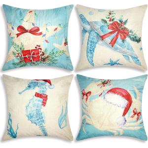 4 Pcs Christmas Sealife Coastal Pillow Covers Coastal Christmas Decoration Linen Throw Pillow Covers Sea Ocean Nautical Decorative Pillowcase for Couch Outdoor Sofa Living Room(18 Inch)