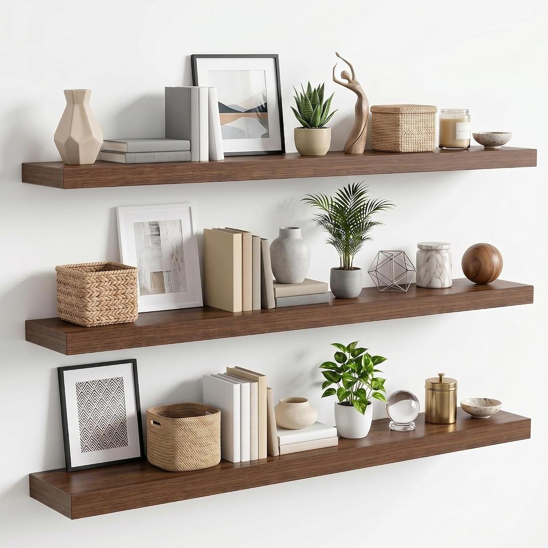 WOPITUES Long Floating Shelves 48", 3 Pcs Wall Shelves, Invisible Brackets, 48in