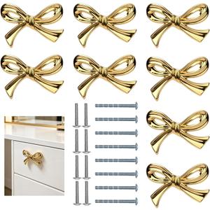 8Pcs Gold Bow Knobs for Dresser, Bow Drawer Knobs, Nice Bow Knobs Drawer Handles, Bow Shape Decorative Hardware for Desk, Wardrobe, TV Cabinet and Bookcase, Adds a Touch to Home Furniture