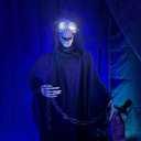 Haunted Hill Farm Life-Size Scary Grim Reaper with Chain, Halloween Animatronic with Touch Activated Lights and Sounds, Battery Operated Indoor or Covered Outdoor Halloween Decorations, Halloween Prop, 65"