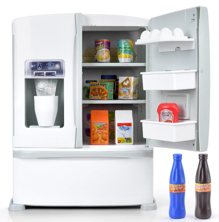 Refrigerator Toy Fridge with Ice Dispenser, Kids Pretend Play Kitchen Accessories with Toy Food Drink Bottles Milk Cans, Play Kitchen Appliances Set for Girls Age 3+, White
