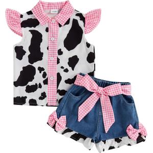 Mialoley Toddler Girl Denim Western Outfit Baby Cowgirl Clothes Ruffle Cow Print Shirt Button Down Tops Belted Jeans Shorts (Pink, 2-3 Years)