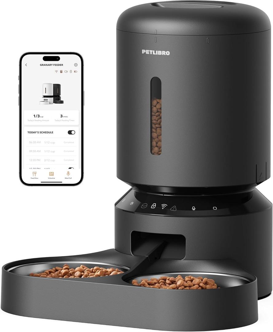 PETLIBRO Automatic Cat Feeder for 2 Cats, 5G&2.4G WiFi Pet Feeders, 5L Programmable Cat Food Dispenser with Airtight Lock-Fresh Technology, Dual Stainless Steel Bowls, Low Food Sensor (Black)