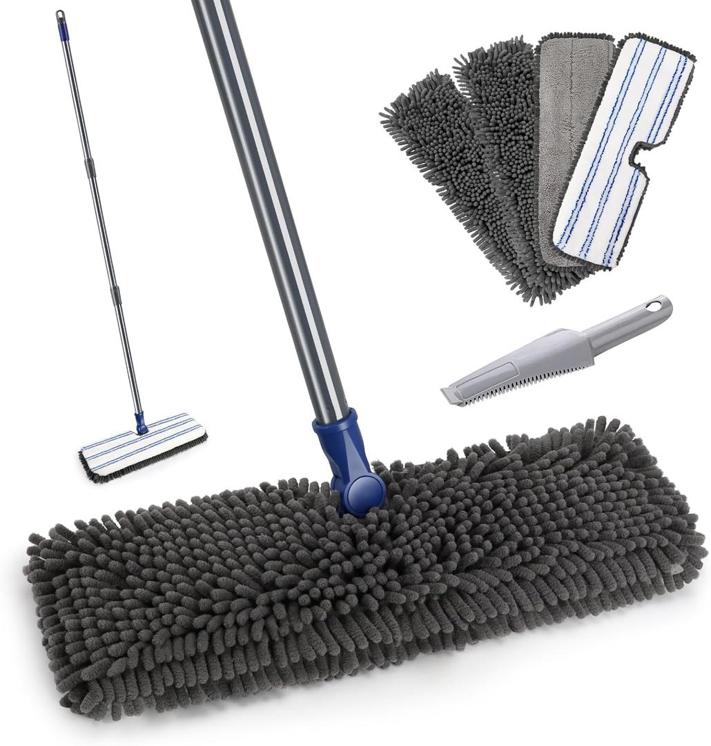 Mops for Floor Cleaning, Masthome Flat Dust Mop with 4 Reusable Pads, 2-Sided Microfiber Dust Mop for Wet & Dry Use, Flat Flip Mops for Hardwood, Laminate, Vinyl,Kitchen, Tile -1 Scraper