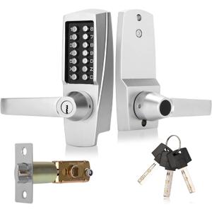 New Upgrade Mechanical Door Lock with HandleMechanical Push Button Lever LockStainless Steel Mechanical Keyless Entry Door Lock with Key,Upgrade Adjustable Deadlatch 2-3/8'' and 2-3/4'' (Silver)