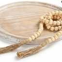 Decorative Round Tray with Bead Garland, 13 Inch Whitewashed Farmhouse Coffee Table Centerpiece, Wooden Decor Tray with Handles for Kitchen Island & Entryway