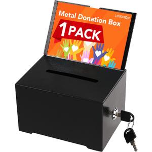 Metal Suggestion Box with Slot, Donation Box with Lock, Donation Boxes for Fundraising,Black Voting and Collection Key Drop Box with 2 Keys, 6.3x4.72x3.94 Inch