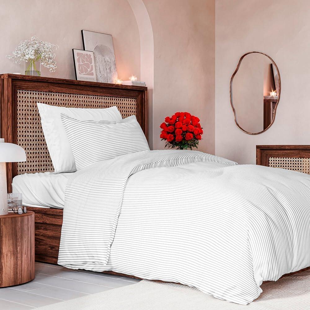 Duvet Cover Twin/Twin XL Size Set - Extra Soft Floral Duvet Cover 68 x 90 with 1 Pillow Sham - Comfy, Breathable Floral Bedding Set - Hotel Luxury & Fade Free w/ Zipper Closures & Ties - Grey Stripes (09 - Fine Lines (No Comforter))