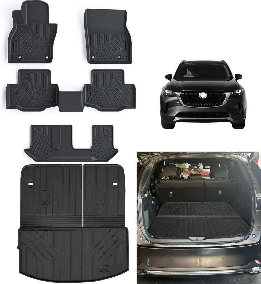 Floor Mats & Cargo Liners & Backrest Mat for 2024 2025 Mazda CX90 CX-90(Only 8 Seats-2 Row Bench Seat), Not Fit for Phev Premium Sport Trim with 2nd Row Bench Version, TPE All Weather Car Mats