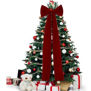 Knitgrip Extra Large Christmas Tree Topper Bows 15.7 x 47.2 Inches Giant Burgundy Christmas Velvet Decorative Bows with Long Streamers for Xmas Tree Wreath Party Holiday Farmhouse Home Decorations