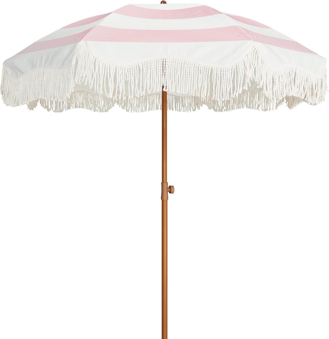 AMMSUN Boho Fringe Umbrella Outdoor Patio, 6.5ft UPF50+ Picnic Umbrella with Tassels with Steel Pole and Push Button Tilt, Pink Stripes