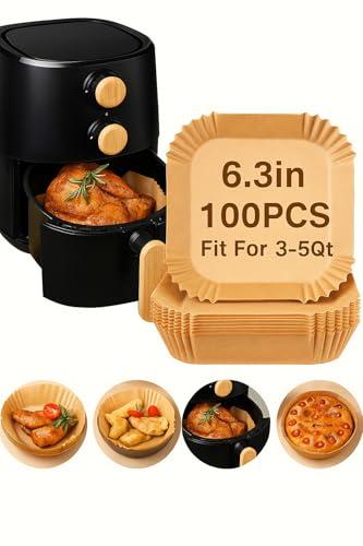 100 Pcs 6” Square Air Fryer Paper Liners, Disposable Unbleached Parchment for 2–4 QT Small Air Fryers and Ovens, Non-Stick & Greaseproof, Pure Virgin Wood Pulp, Heat Resistant 446°F