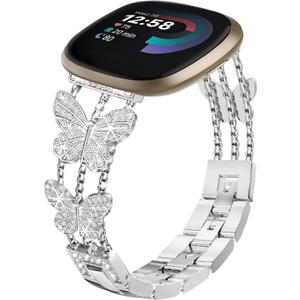 Bling Band, Compatible for Fitbit Versa 2/1/Lite/SE, 22mm Diamond Butterfly Stylish Women Strap Replacement for Fitbit Versa Smartwatch