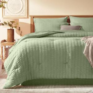 Laojin Balhen Queen Comforter Set 8 Pieces, Seersucker Bed in a Bag Queen, Sage Green Comforter with Sheets, Comforters Queen Size Bedding Sets with Comforter, Sheets, Pillowcase & Sham and Bed Skirt