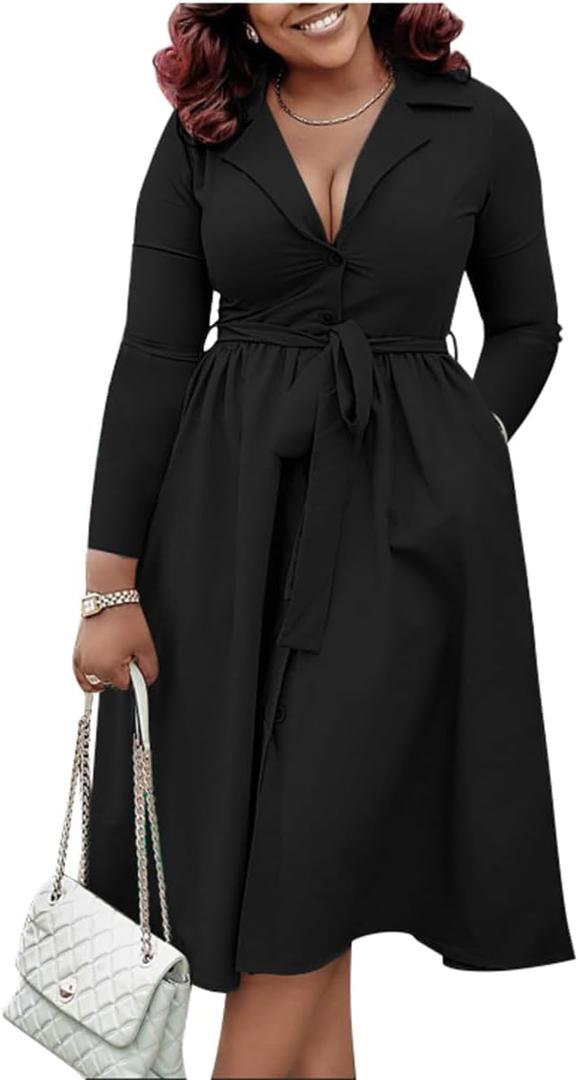 BFFBABY Fall Dresses for Women Plus Size Casual Long Sleeve V Neck A Line Midi Dresses with Belt Pockets