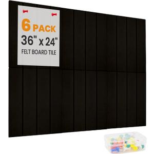 Wide Stripe Felt Bulletin Board Tiles, 6 Pack 36"x24" Felt Wall Panels with Removable Adhesive & 40 Push Pins, Bulletin Cork Board Replacement for Office, Home, School, Soundproof, Black