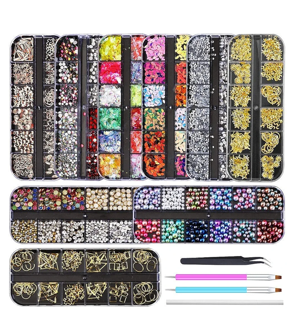 Artdone 9 boxes Nail Rhinestones,Nail Gems Nail Diamonds,Nail Art Studs Nail Crystals Nail Sequins for Nails Kit with 1 Tweezers and 3 Pen for Nail Art Supplies Accessories