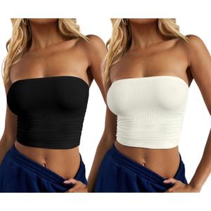 CSDAJIO Women's Casual Ruched Side Strapless Crop Tube Top Ribbed Knit Bandeau Top Summer Skinny Shirt (Medium, 2pcs Black White)
