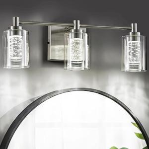 Bathroom Vanity Light Brushed Nickel 3 Light Bathroom Light Fixture, Clear Glass Shade, Crystal Bubble, Dimmable LED Vanity Light White/Neutral/Warm Light